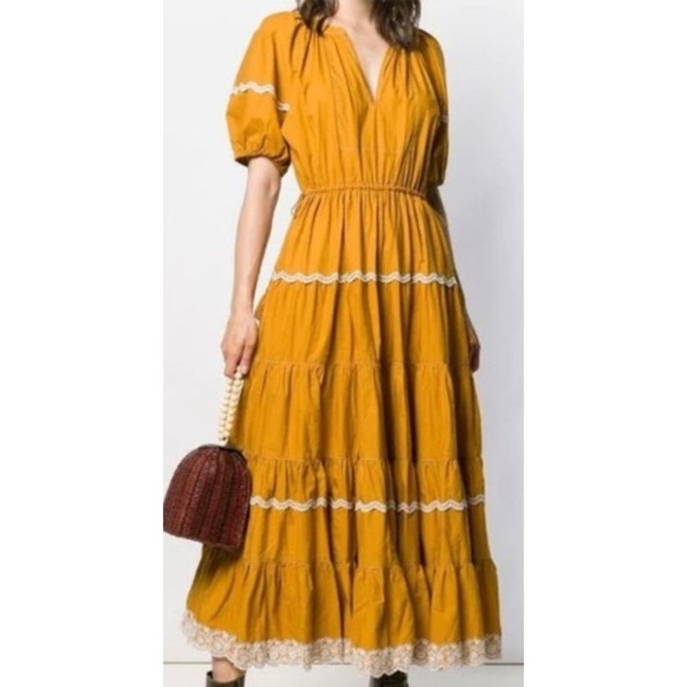 Ulla Johnson Claribel Ochre Yellow Gold Tiered Eyelet Accent Tassel Dress Sz. 6 - Picture 2 of 10